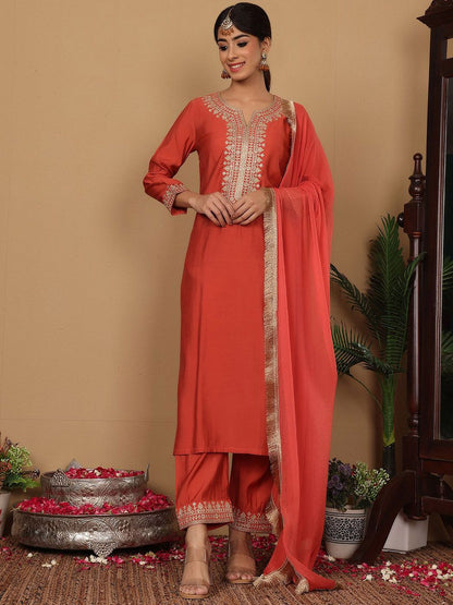 Dhiyona VA Women'sYoke Design Zari Embroidered Sequinned Kurta with Trousers & Dupatta