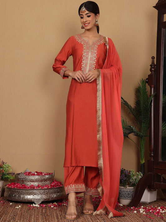 Dhiyona VA Women'sYoke Design Zari Embroidered Sequinned Kurta with Trousers & Dupatta