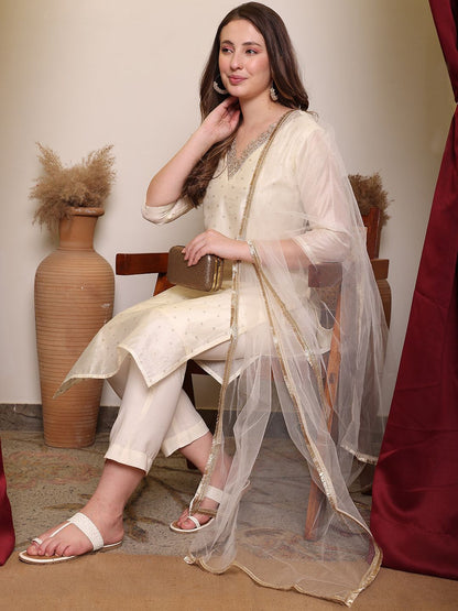 Dhiyona PD Women Floral Woven Design V-Neck Straight Kurta With Trouser & Dupatta
