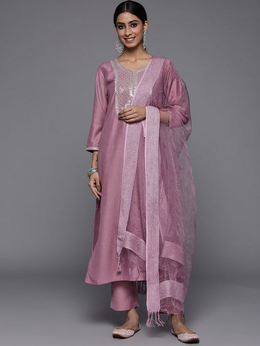 Dhiyona VA Women's Mauve Ethnic Motifs Embroidered Gotta Patti Kurta with Trousers & With Dupatta