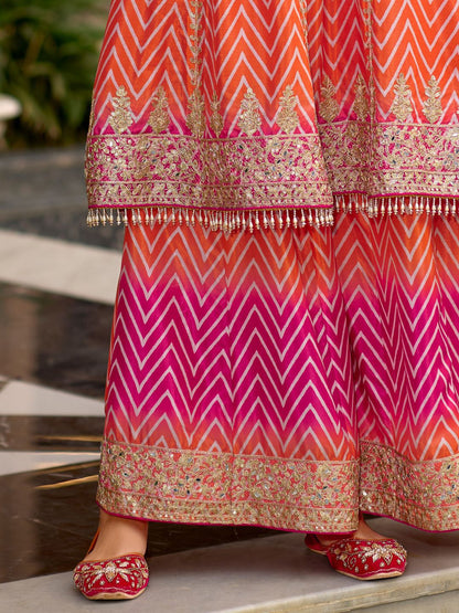 Chevron Printed Sequinned Round Neck A-Line Kurta With Palazzos & Dupatta