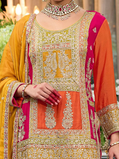Sequinned Embroidered Round Neck Kurta With Palazzos & Dupatta