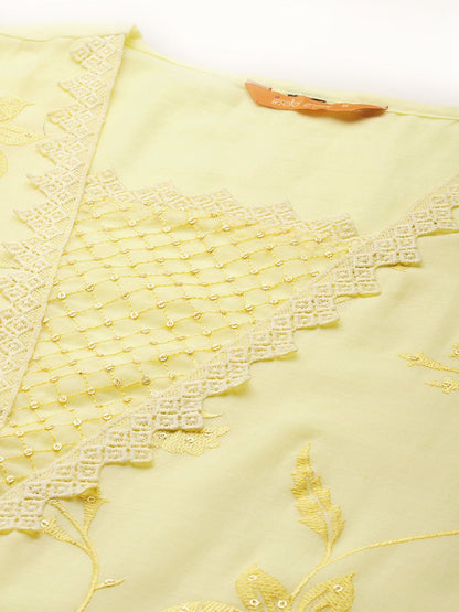 Dhiyona IE Floral Embroidered Thread Work Pure Cotton Kurta With Trousers & Dupatta