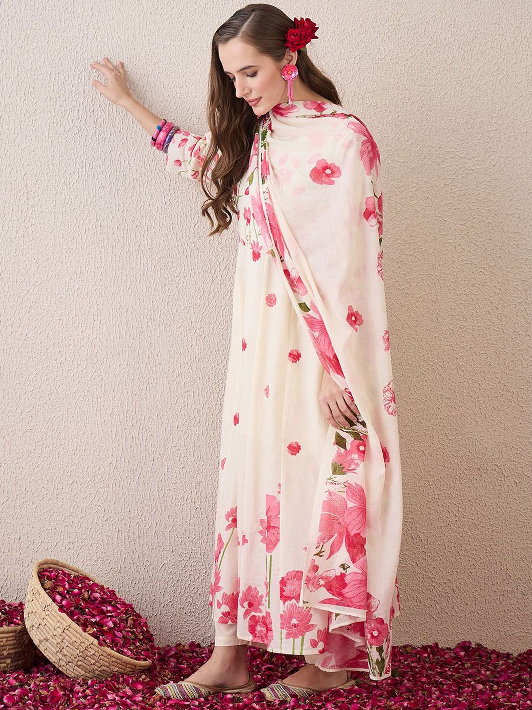 Floral Printed Beads & Stones Pure Cotton A-Line Kurta With Trousers & Dupatta