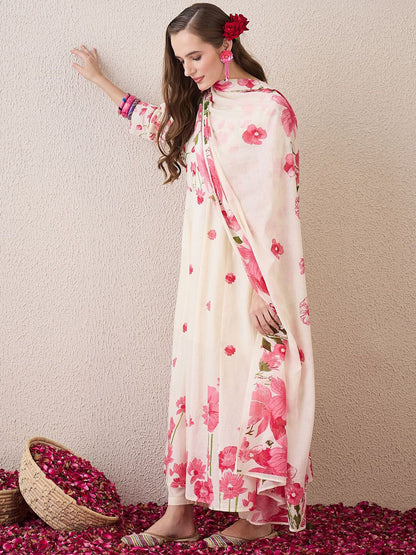 Floral Printed Beads & Stones Pure Cotton A-Line Kurta With Trousers & Dupatta