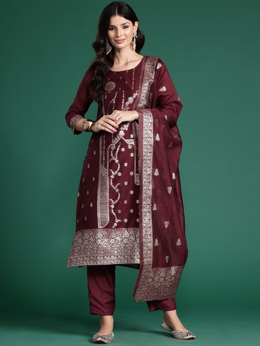 Women Ethnic Motifs Regular Kurta with Trousers & With Dupatta