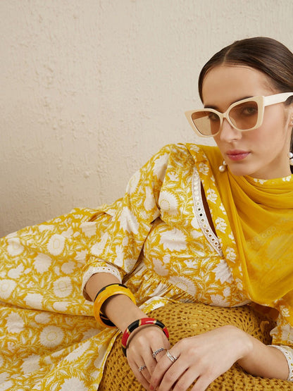 Dhiyona IE V Neck Floral Printed Empire Mirror Work Pure Cotton Kurta Set