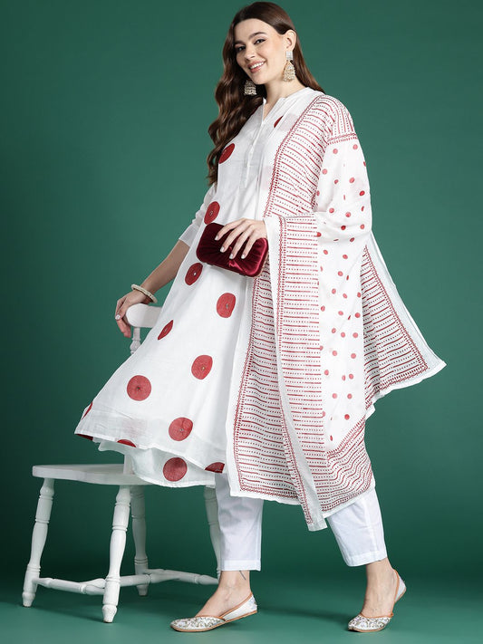 Printed Panelled Sequinned Pure Cotton Kurta with Trousers & With Dupatta