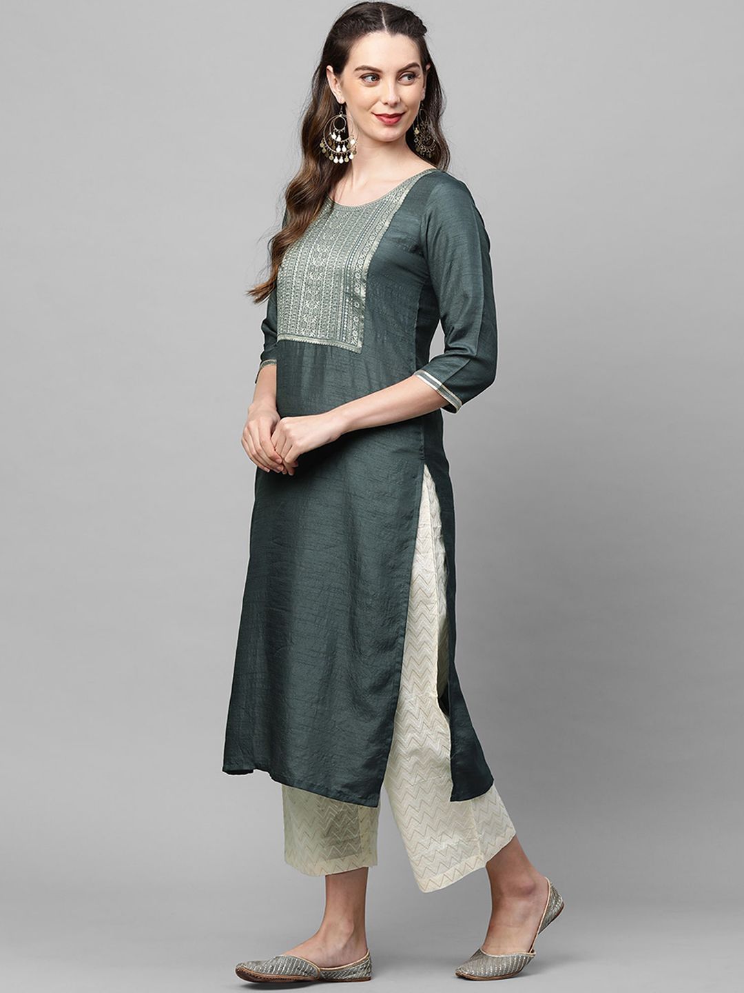 Dhiyona IE Women Charcoal Grey Ethnic Motifs Yoke Design Straight Kurta