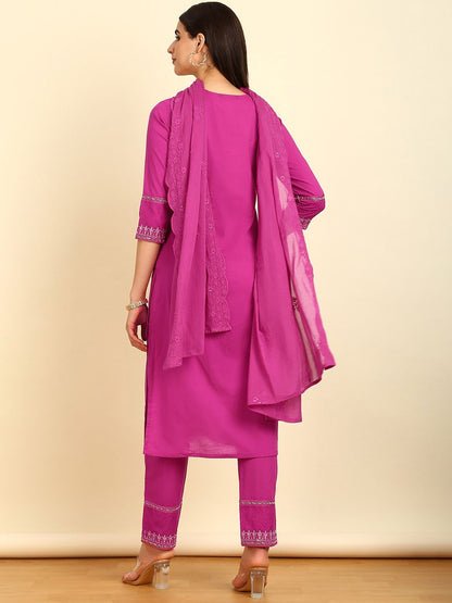 Dhiyona SO Women's Straight Pure Cotton Kurta With Trousers & Dupatta