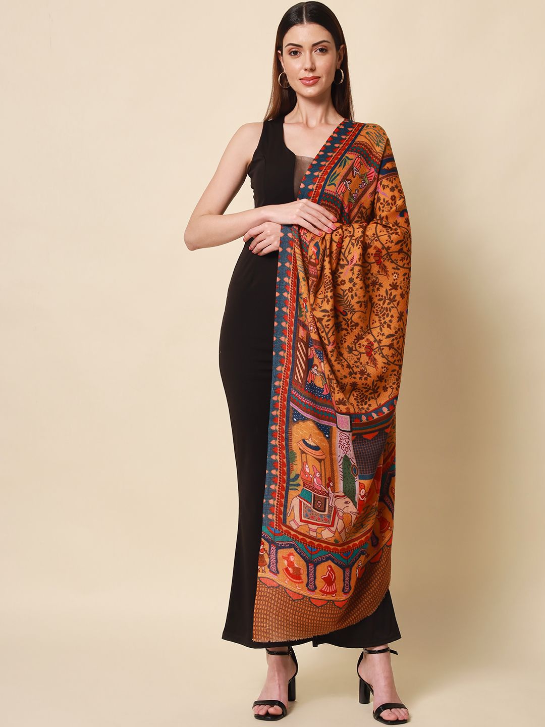 Dhiyona PA Women Yellow Printed Pure Wool Shawl