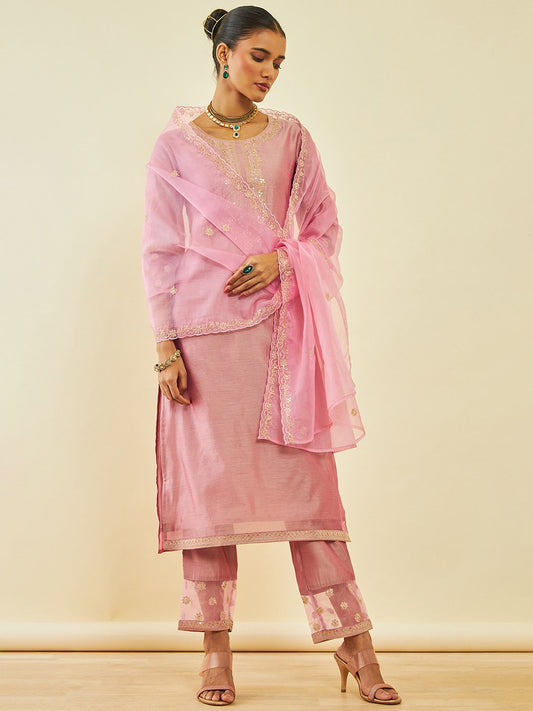 Dhiyona SO Women's Ethnic Motifs Embroidered Round Neck Straight Kurta With Trousers & Dupatta