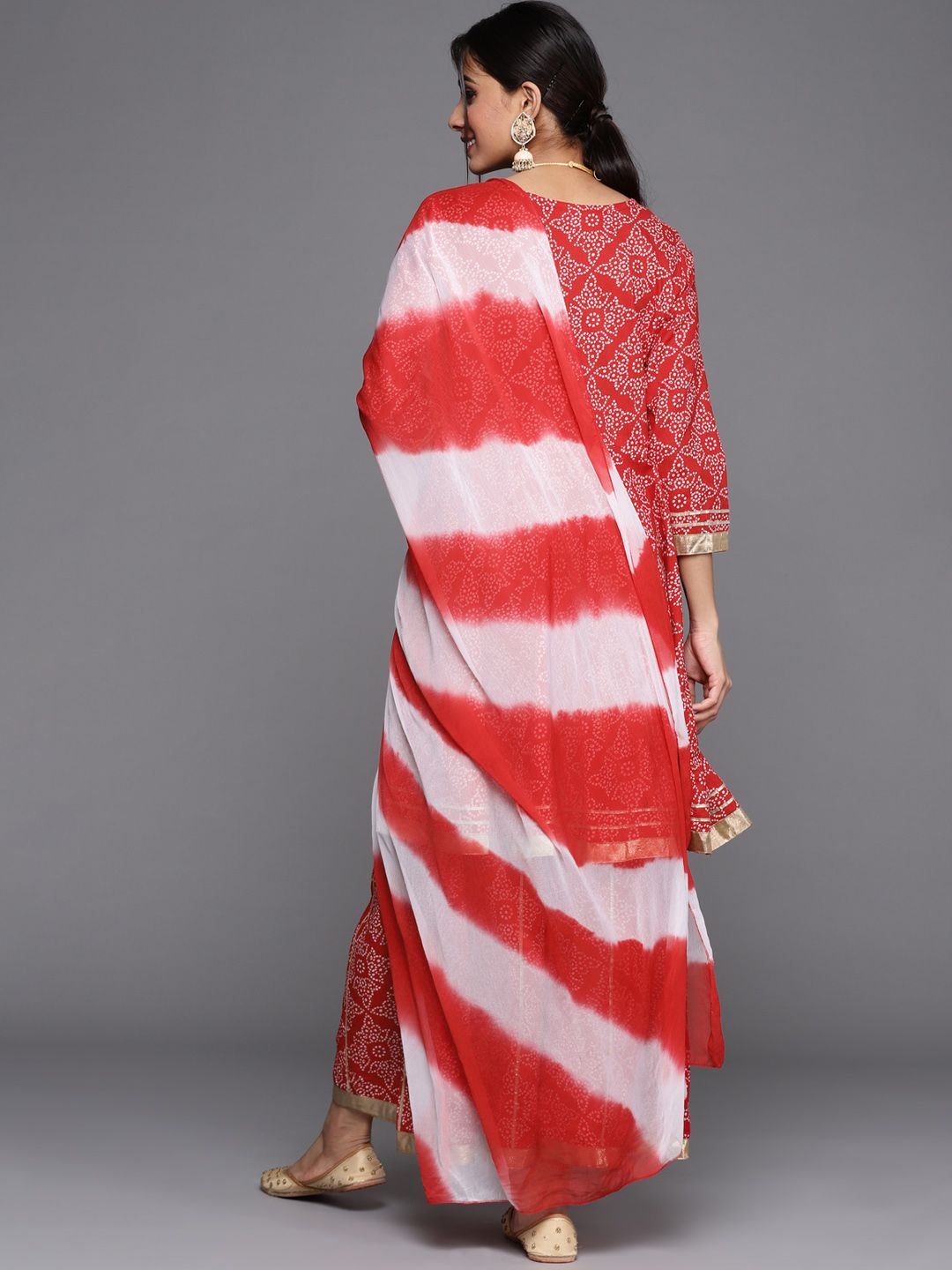 Dhiyona VA Women's Red & White Bandhani Printed Anarkali Kurta with Sharara & With Dupatta