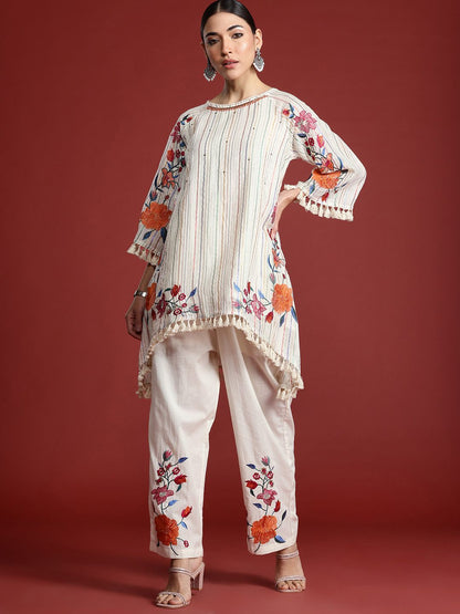 Dhiyona IE Floral Embroidered Thread Work Pure Cotton Kurti with Palazzos