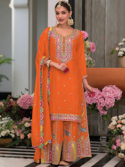 Dhiyona IE Floral Embroidered Sequinned Chinon Straight Kurta With Palazzos & Dupatta