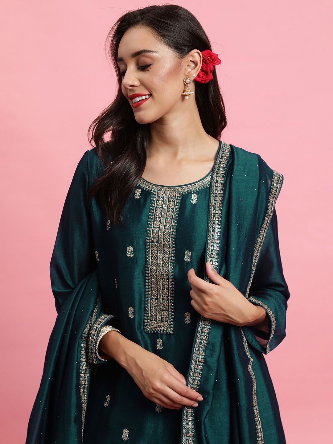 Dhiyona IE Embroidered Straight Sequinned Kurta with Trousers & Dupatta