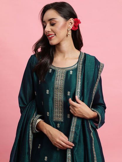Dhiyona IE Embroidered Straight Sequinned Kurta with Trousers & Dupatta