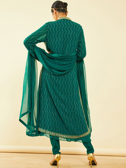 Dhiyona SO Women's Floral Yoke Design Beads and Stones Kurta & Churidar & Dupatta With Shrug