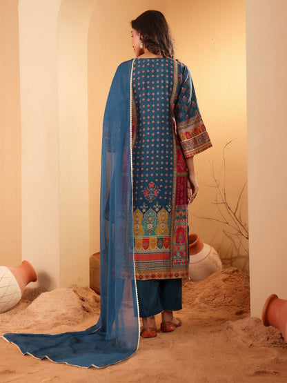 Dhiyona VA Women'sEthnic Motifs Printed Sequnnied Chanderi Silk Kurta With Trousers And Dupatta