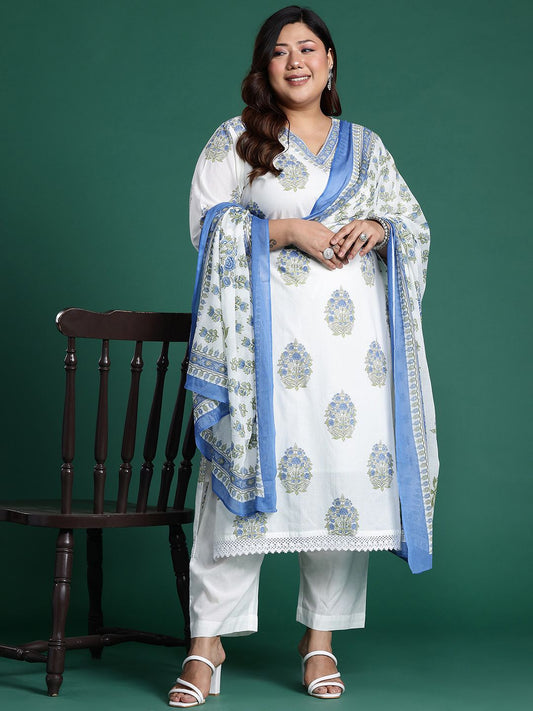 Dhiyona IE Plus Size Floral Printed Sequinned Pure Cotton Kurta with Trousers & With Dupatta