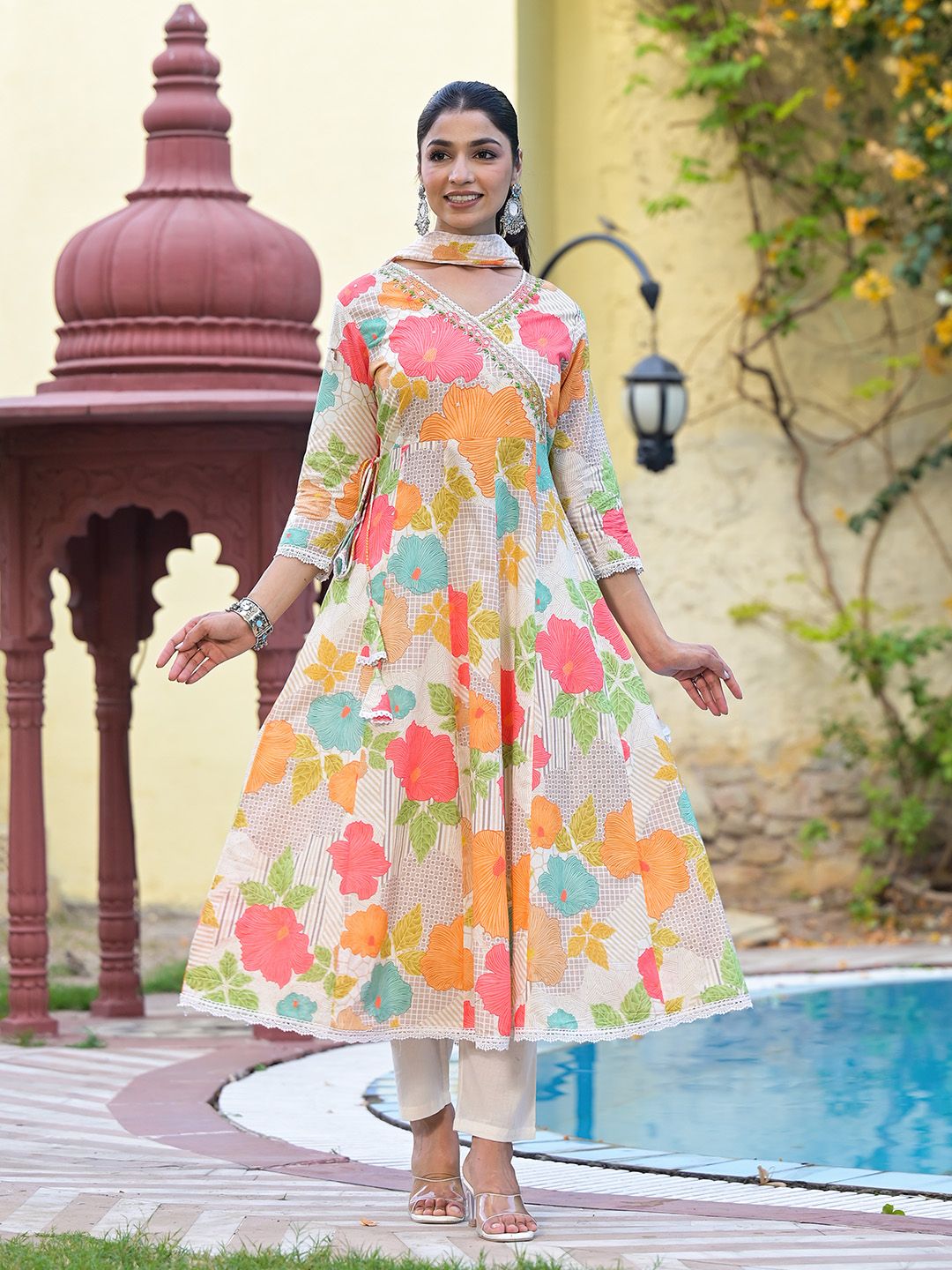 Dhiyona IS Women's Floral Printed Angrakha Beads and Stones Anarkali Kurta With Trouser & Dupatta