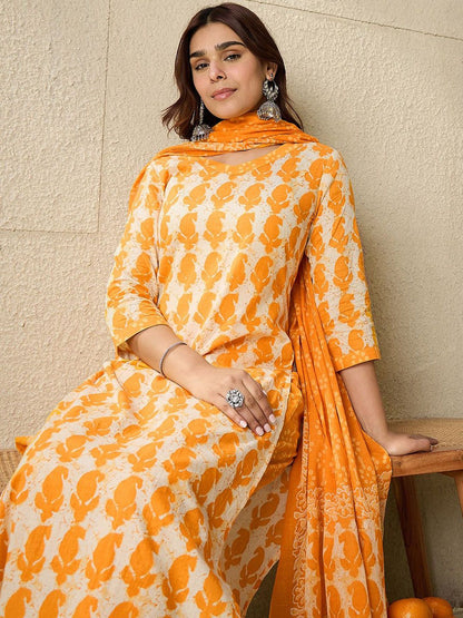 Dhiyona IE Paisley Printed V-Neck Pure Cotton Straight Kurta With Trousers And Dupatta