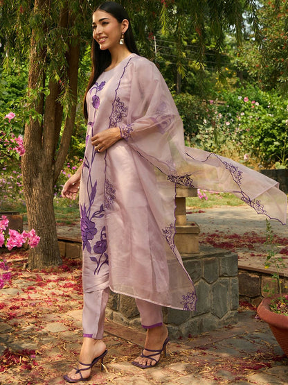 Dhiyona IE Round Neck Floral Embroidered Kurta with Trouser & Dupatta