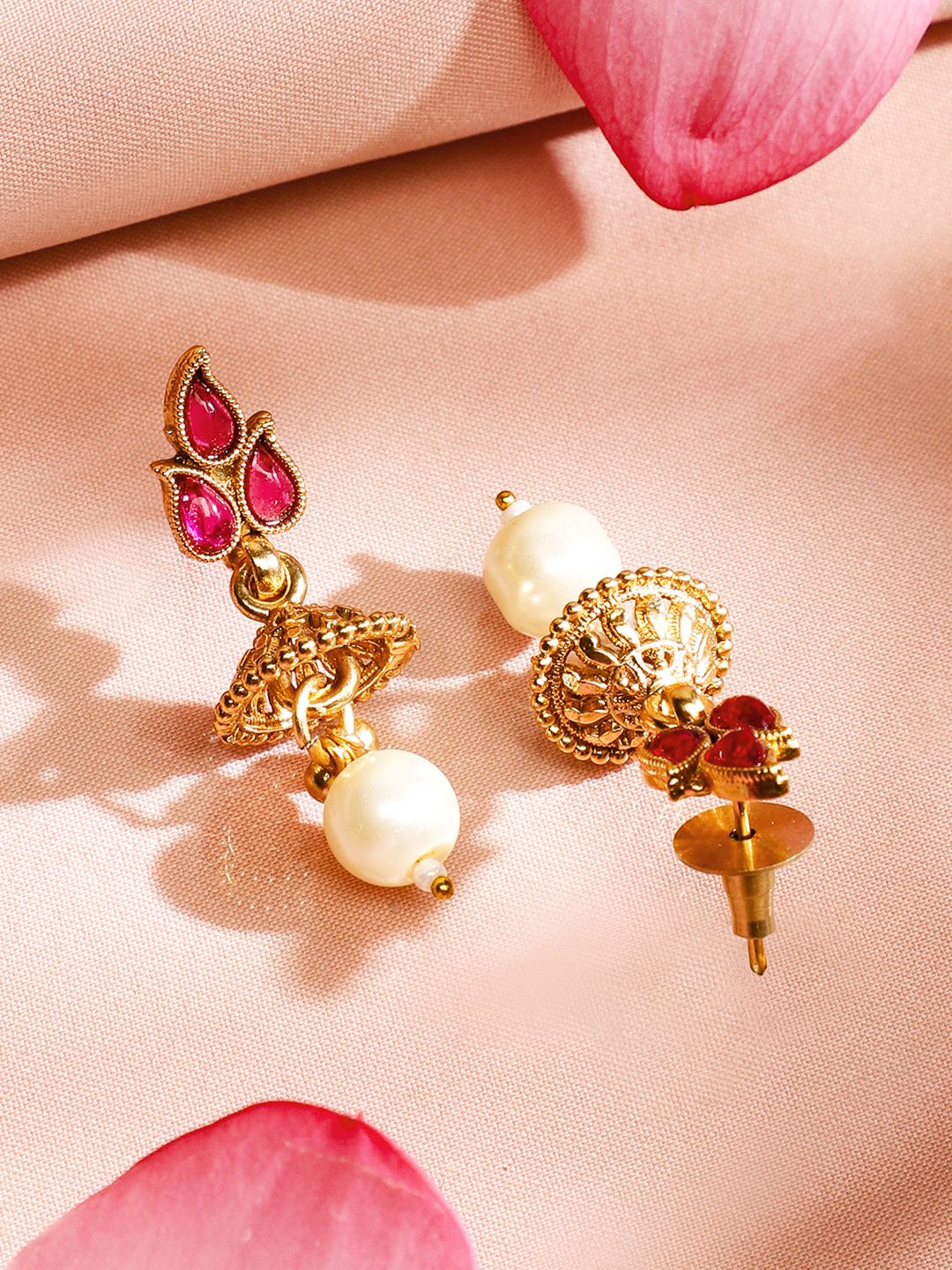 Dhiyona RJ Women's 22K Gold-Plated Handcrafted Brass Necklace Set with Ruby Red Stones & Pearl Drops
