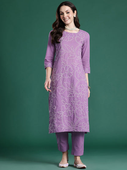 Floral Embroidered Thread Work Pure Cotton Kurta with Trousers