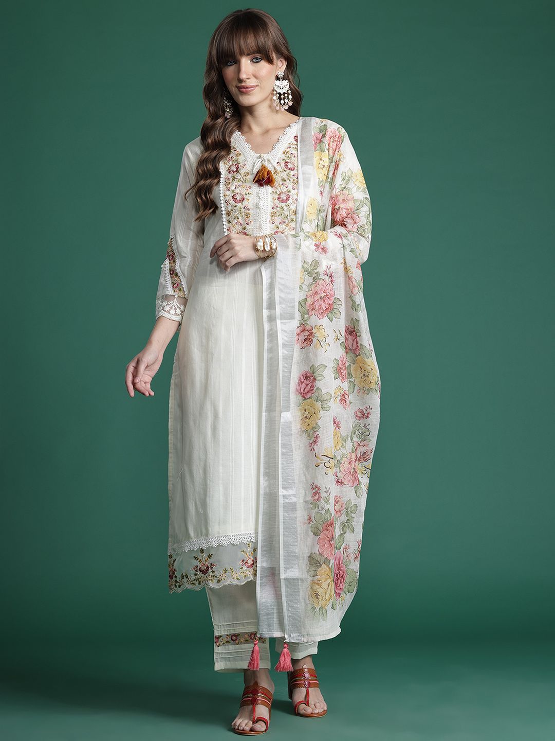 Floral Embroidered Regular Linen Kurta with Trousers & Dupatta