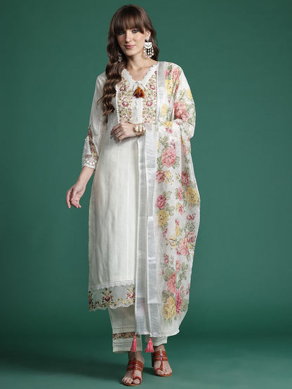 Floral Embroidered Regular Linen Kurta with Trousers & Dupatta