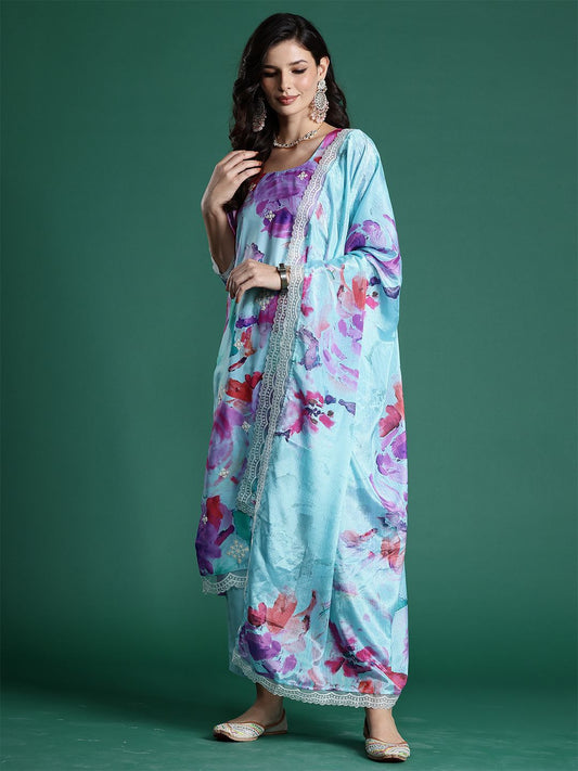 Dhiyona IE Floral Embroidered Empire Thread Work Kurta With Trousers & Dupatta