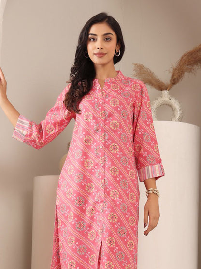 Dhiyona VA Women'sBandhani Printed Mandarin Collar Straight Kurta With Trouser
