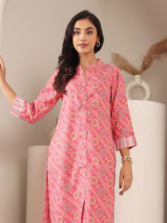 Dhiyona VA Women'sBandhani Printed Mandarin Collar Straight Kurta With Trouser