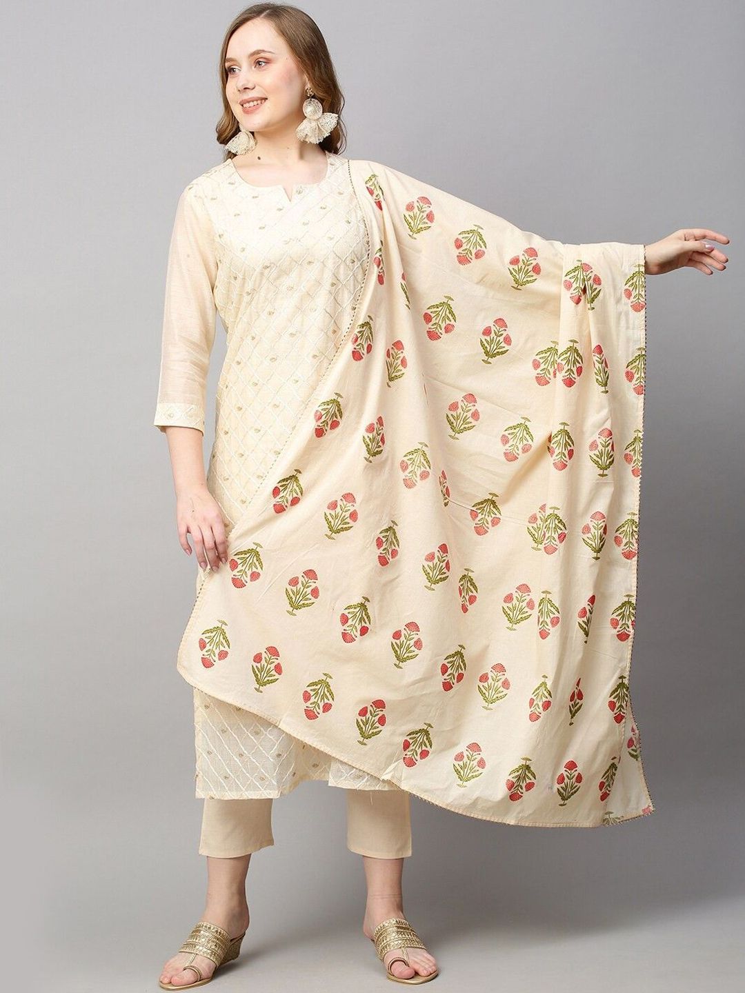 Dhiyona KL Checked Embroidered Notch-Neck Thread Work Straight Kurta With Trousers And Dupatta