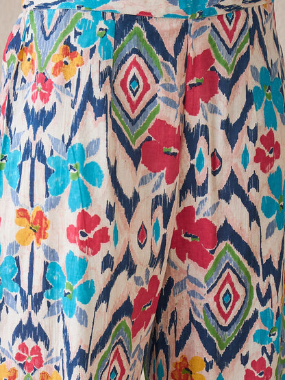 Dhiyona IE Floral Printed V-Neck Panelled Pure Cotton Straight Kurta With Trouser