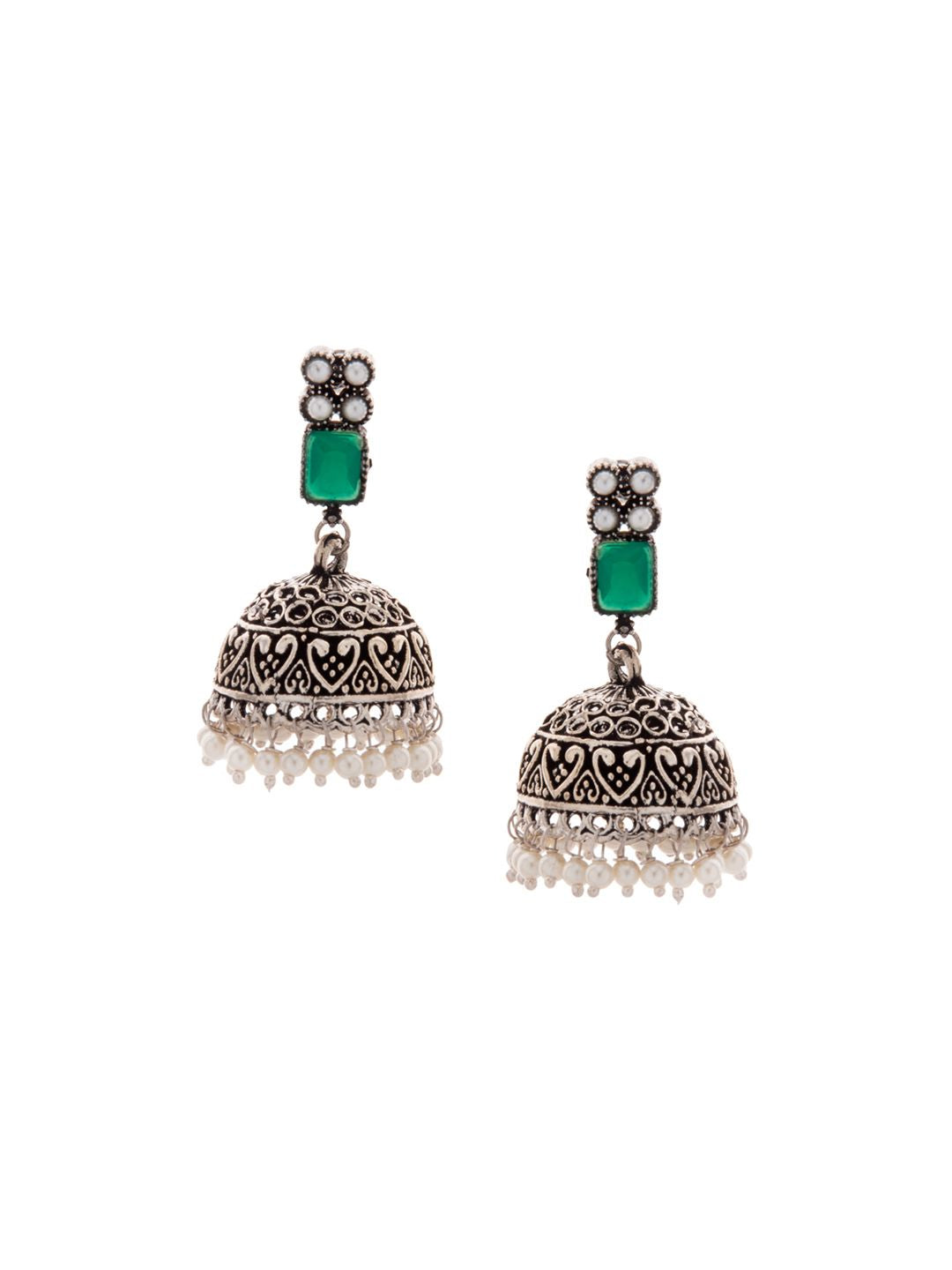 Dhiyona RJ Women's Silver-Toned & Green Dome Shaped Handcrafted Jhumkas