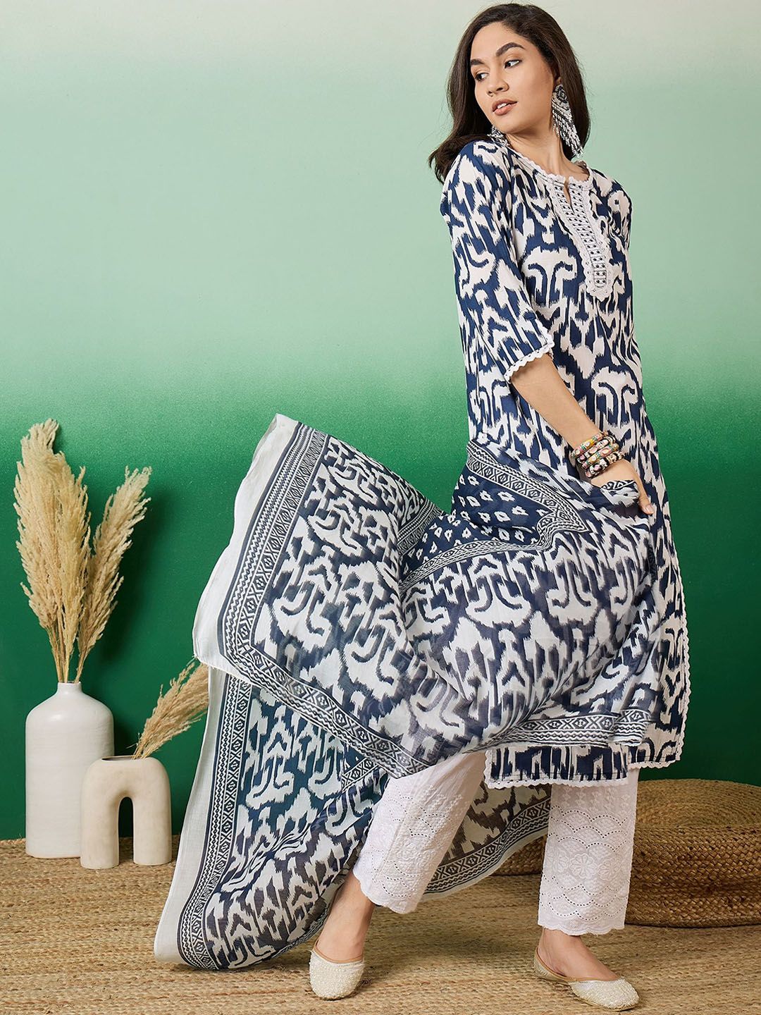 Dhiyona SN Women's Printed Pure Cotton Straight Kurta With Trousers & Dupatta