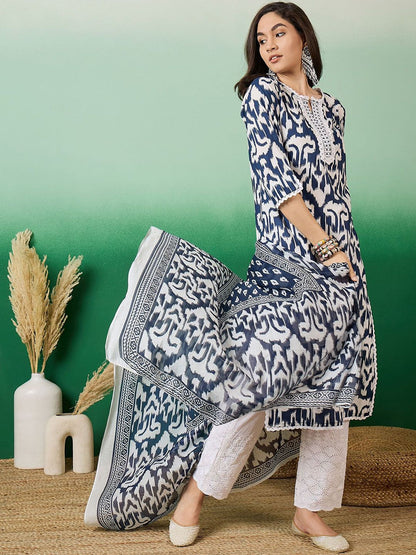 Dhiyona SN Women's Printed Pure Cotton Straight Kurta With Trousers & Dupatta