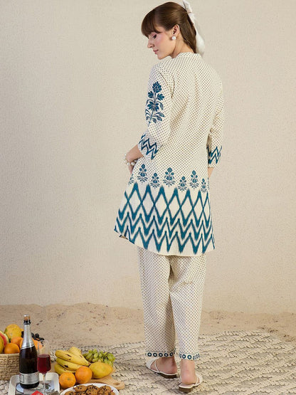 Ethnic Motifs Printed Thread Work Mandarin Collar A-Line Kurta With Trousers