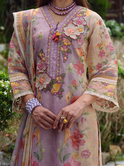 Floral Embroidered Beads and Stones Linen Kurta with Trousers & Dupatta