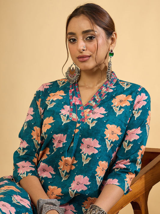 Women Floral Printed Pleated Mirror Work Pure Cotton Kurta & Trousers