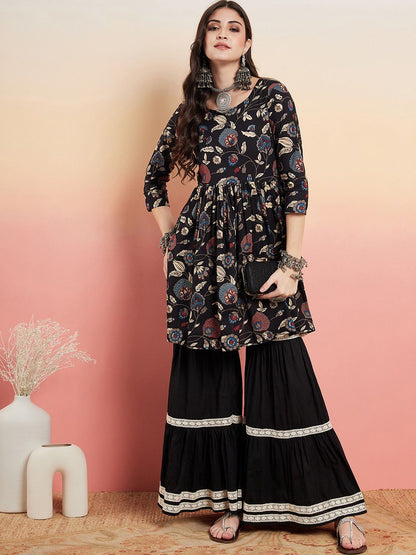 Dhiyona SN Women's Floral Printed Pure Cotton Anarkali Kurti With Sharara