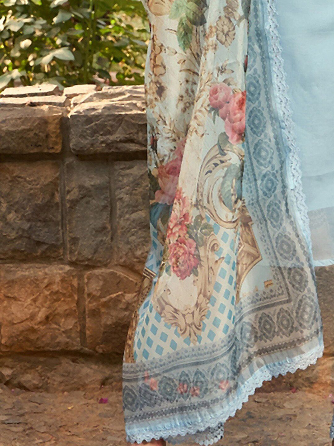 Blue Floral Embroidered Thread Work Straight Kurta With Trousers & Dupatta