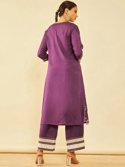 Dhiyona SO Women's Purple Ethnic Motifs Embroidered Regular Sequinned Kurta with Palazzos