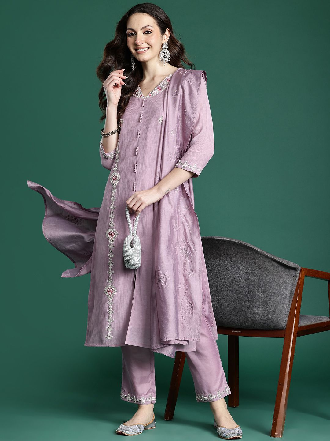 Floral Embroidered Kurta with Trousers & Dupatta