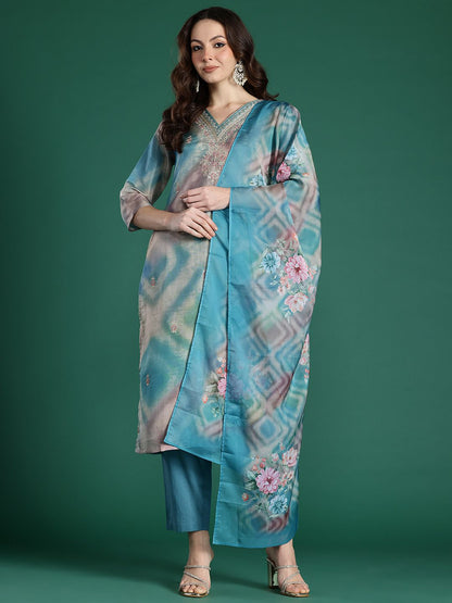 Dhiyona IE Floral Embroidered Sequinned Kurta with Trousers & With Dupatta