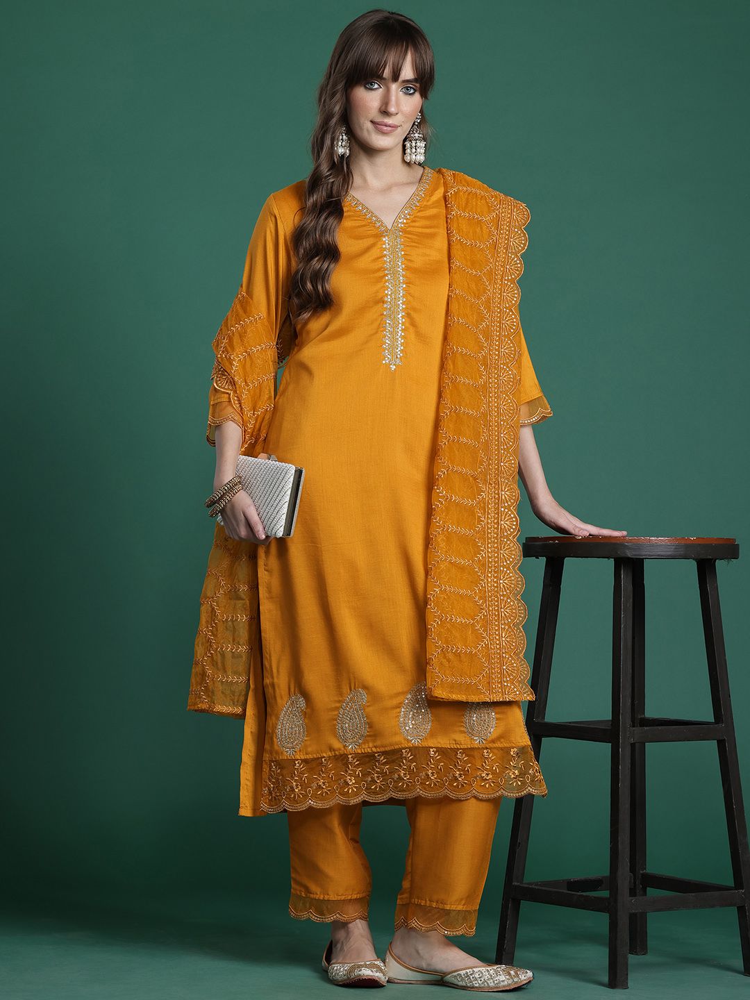 Dhiyona IE Paisley Embroidered Sequinned Kurta with Trousers & With Dupatta