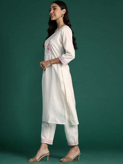 Dhiyona IE Yoke Design Zari Pure Cotton Kurta With Trousers & Dupatta