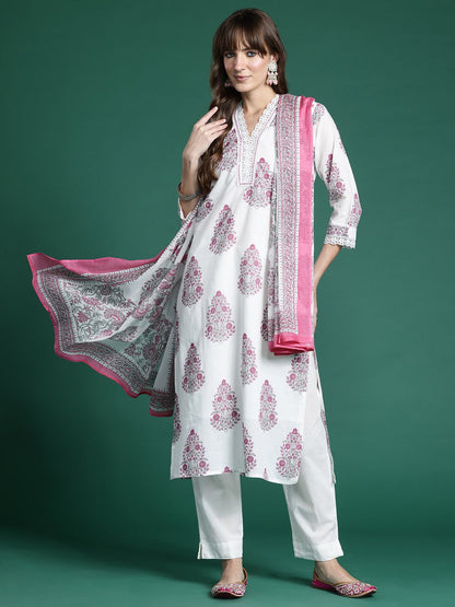 Floral Printed Regular Pure Cotton Kurta with Trousers & Dupatta